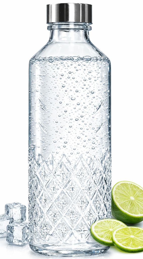 Sklenená fľaša na vodu 1000 ml zdobená reliéfom, číra, Obrázok produktu 