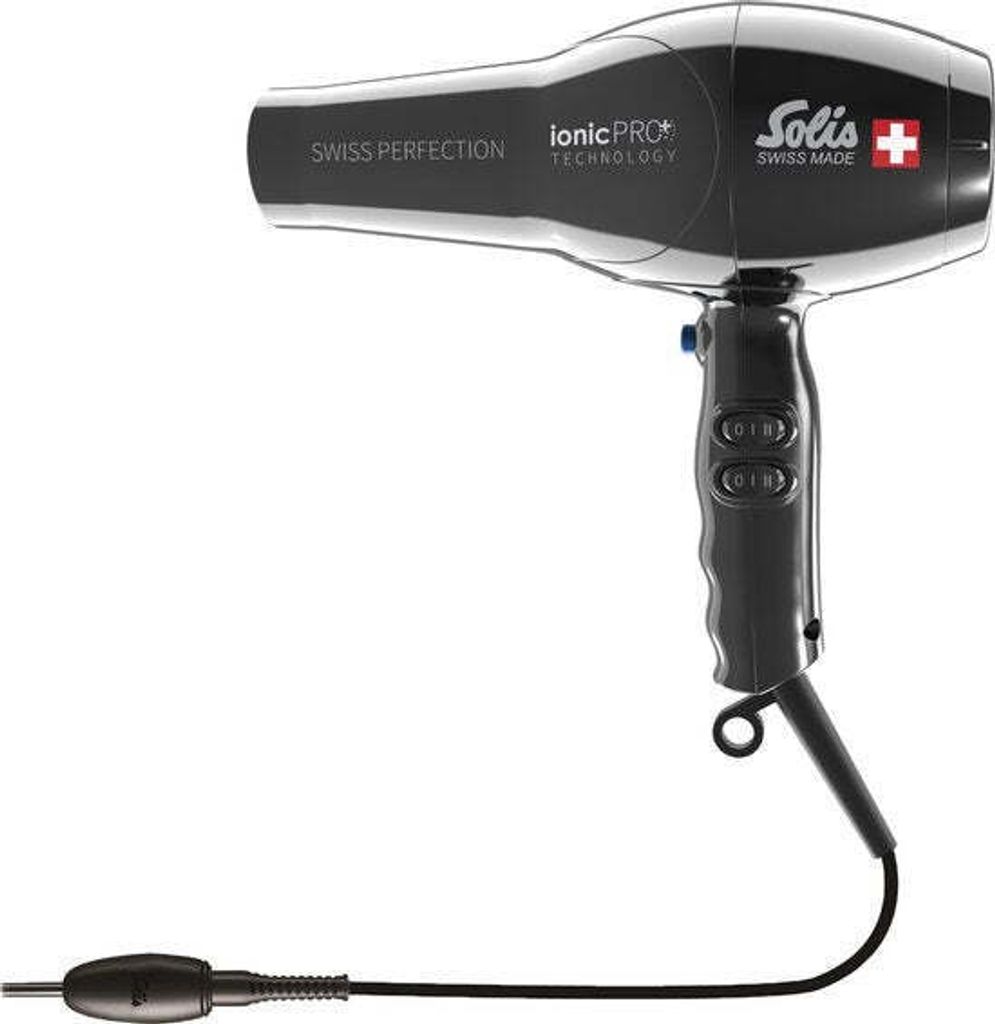 A black Solis hair dryer with its cord.