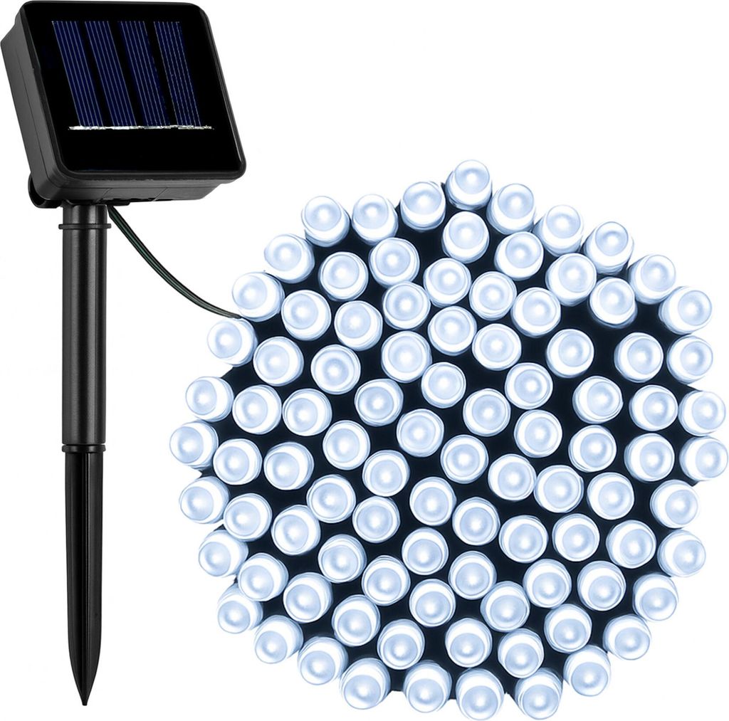 A solar-powered LED string light with a solar panel and stake on the left, and a coiled bundle of white LED lights on the right.