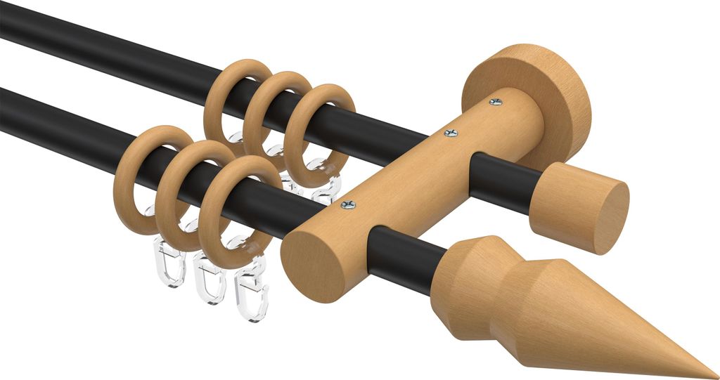 Interdeco Gardinenstange / Vorhangstange Schwarz / Buche lackiert, Typ Adrian Doman (Doppelkegel), 16 mm Ø 2-läufig, 320 cm