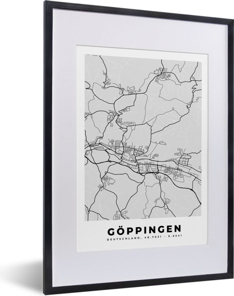 MuchoWow Gerahmtes Poster Göppingen - Karte - Stadtplan - Deutschland 30x40 cm - Poster mit Schwarzem Bilderrahmen Wandposter Rahmen Foto Bilder...