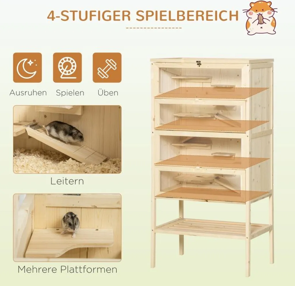 Gabbia per criceti Fortuna Lai in legno a 5 piani Nagarium Gabbia per roditori Gabbia per piccoli animali con tetto a griglia Rampe, gabbia in legno Gabbia per topi grande Gabbia per criceti Criceti nani 60 x 40 x 120 cm Legno naturale - 4