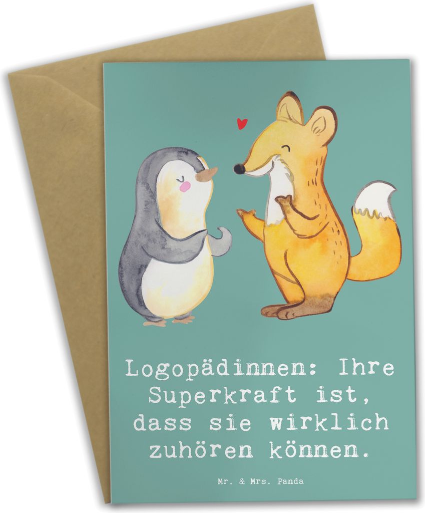 Mr. & Mrs. Panda Glückwunschkarte Logopädin Superkraft - Meeresbrise - Geschenk, Kommunikation, Logopädinnen, einladungskarten, Berufe, Einfühl...