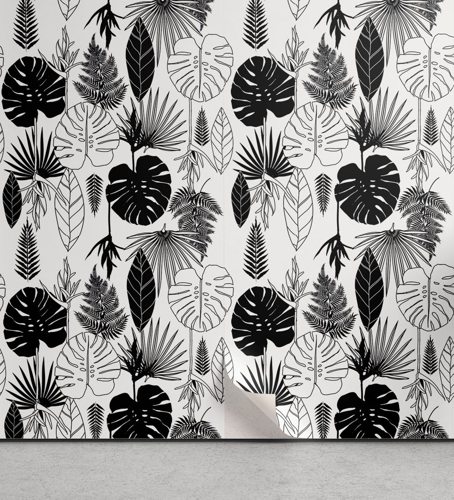 ABAKUHAUS Schwarz und weiß abziehbare & klebbare Tapete für Zuhause, Tropic-Blatt-Laub, selbstklebendes Wohnzimmer Küchenakzent, 33 cm x 250 cm,...