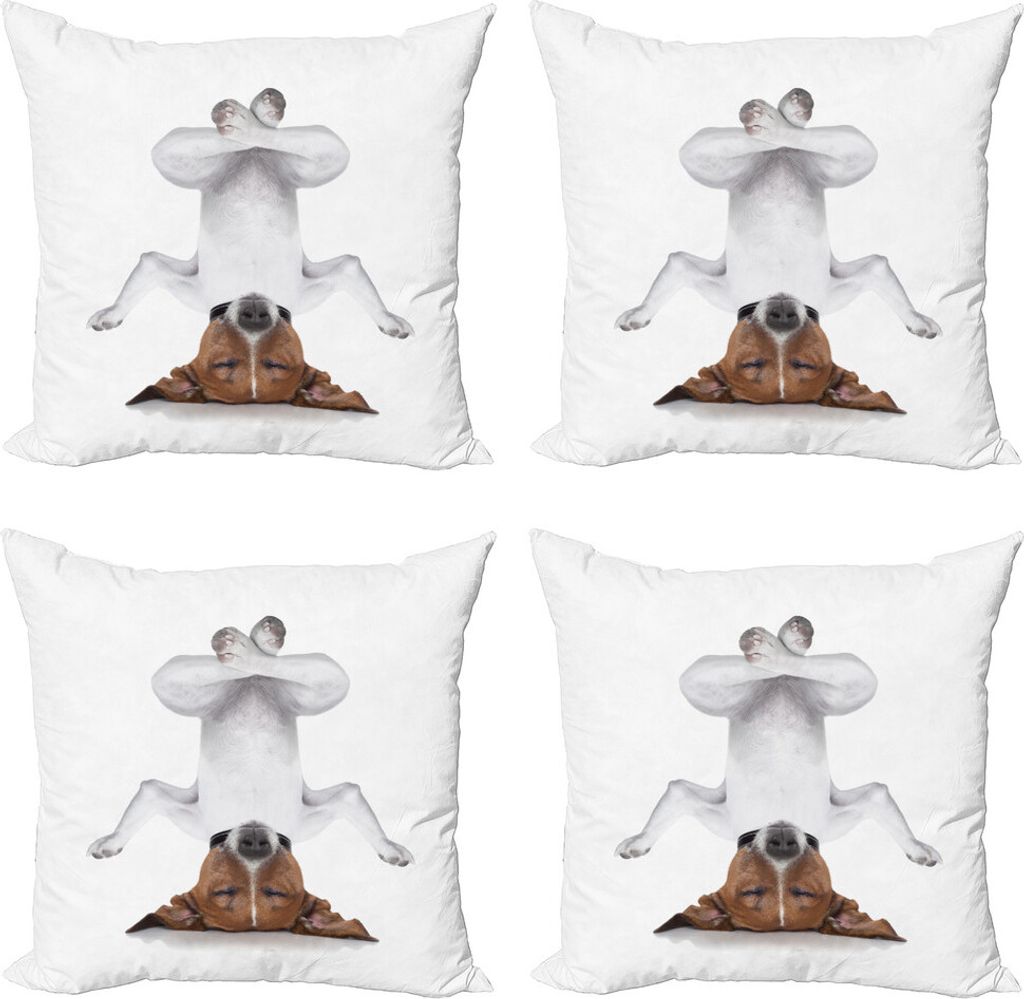 ABAKUHAUS Yoga Kissenbezug Set (4 Stück), Gedreht Hund Entspannen, Moderner Doppelseitiger Digitaldruck, 45 cm x 45 cm, Weiss-braun
