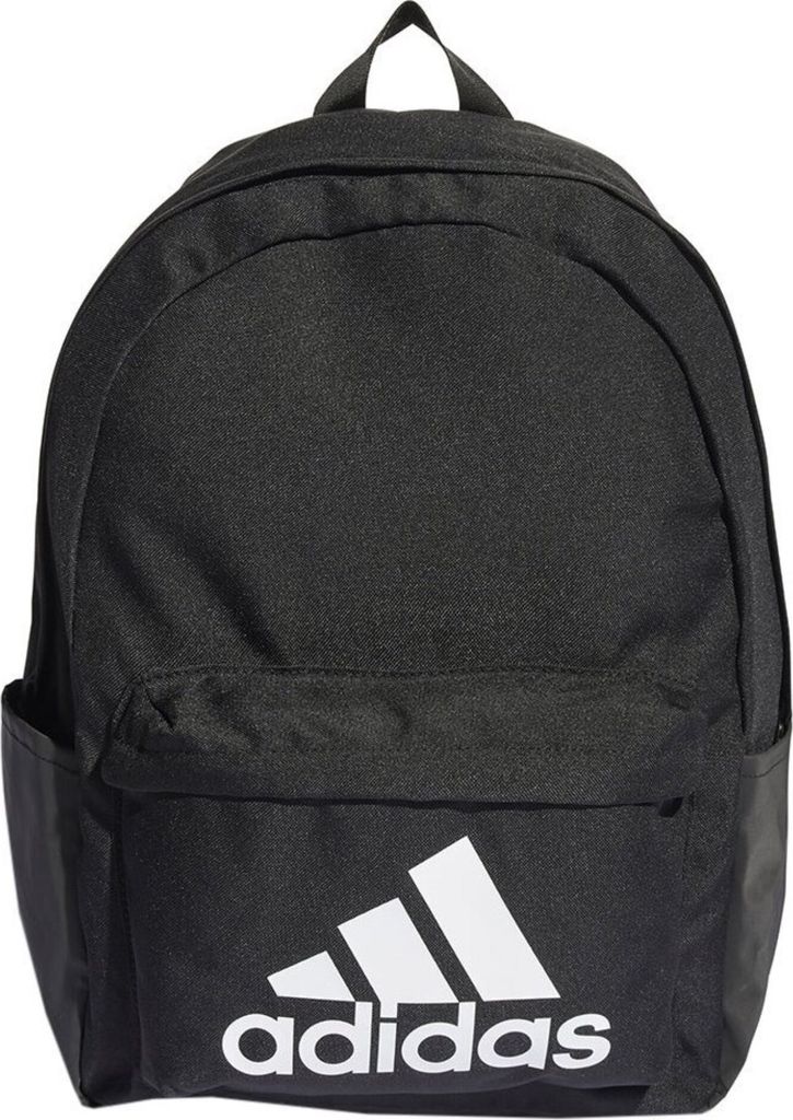 A black Adidas backpack with the classic Badge of Sport logo on the front.