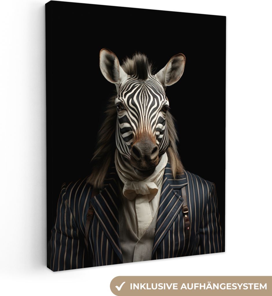 MuchoWow - Leinwandbilder - Zebra - Porträt - Schwarz - Weiß - Tier, Wandbild, Wanddeko Bilder Wohnzimmer, 30x40 cm
