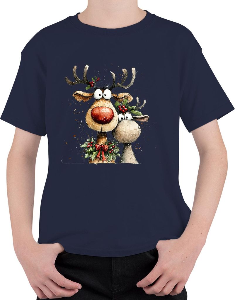 Lustige Rentiere Rotnase Weihnachten Geschenk Aquarell Niedlich Uni Kinder T-Shirt, Navy, 140