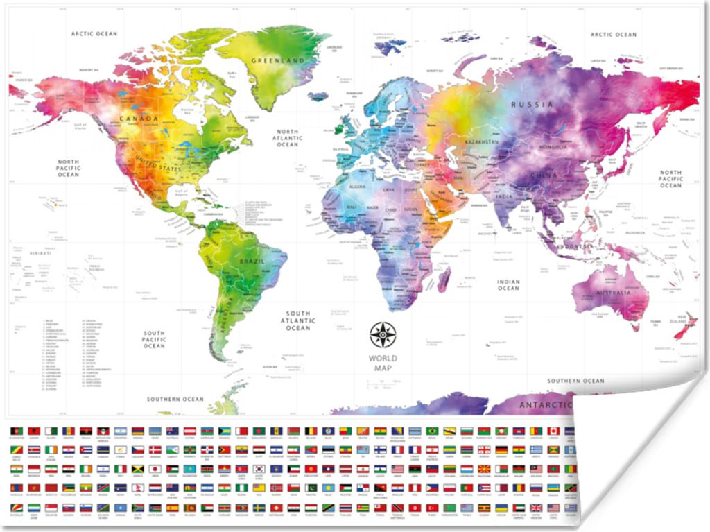 MuchoWow Poster Weltkarte - Aquarell - Regenbogen - Flagge 40x30 cm - Plakate für die Wände - Poster Wohnzimmer