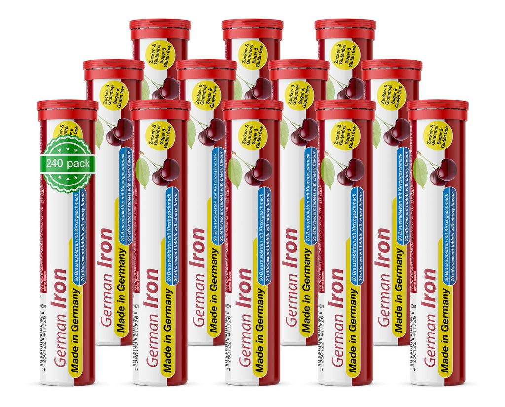 German Eisen Brausetabletten 12x20 Stk. - Kirsch Geschmack – 14 mg Eisen Zuckerfrei – T&D Pharma – Germany