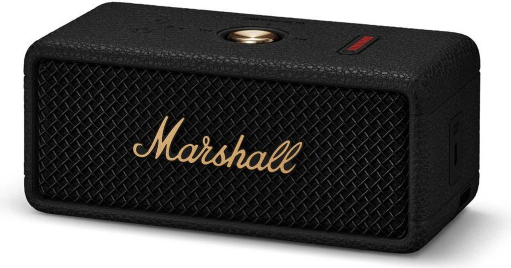 A black Marshall portable Bluetooth speaker with a brass logo.