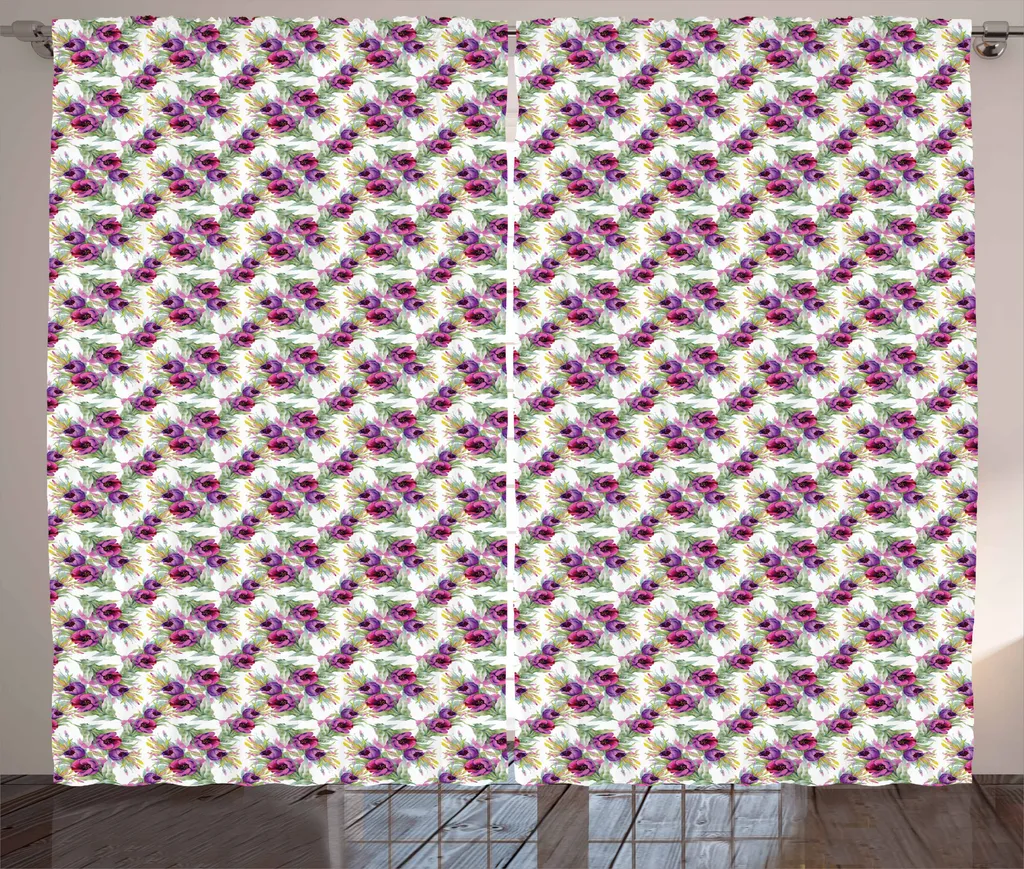 ABAKUHAUS Tenda botanica rustica, file di fiori violacei, tenda con nastro arricciato per camera da letto con passanti e ganci, 280 x 175 cm, multicolore