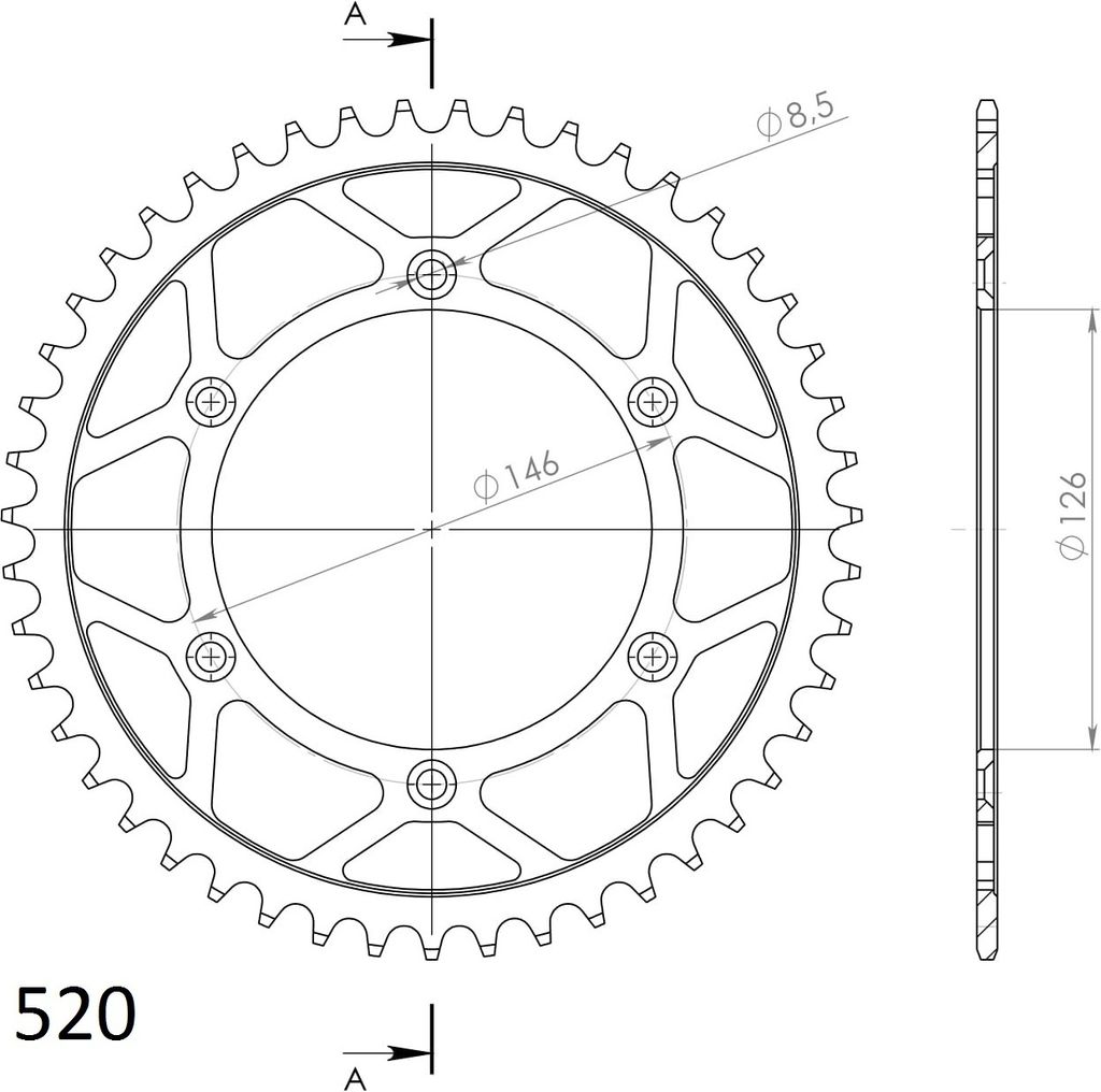 Stahl-Kettenrad Supersprox 520 - 48Z (schwarz) RFE-808:48-BLK|ID 126,0 LK 146,0 6-Loch