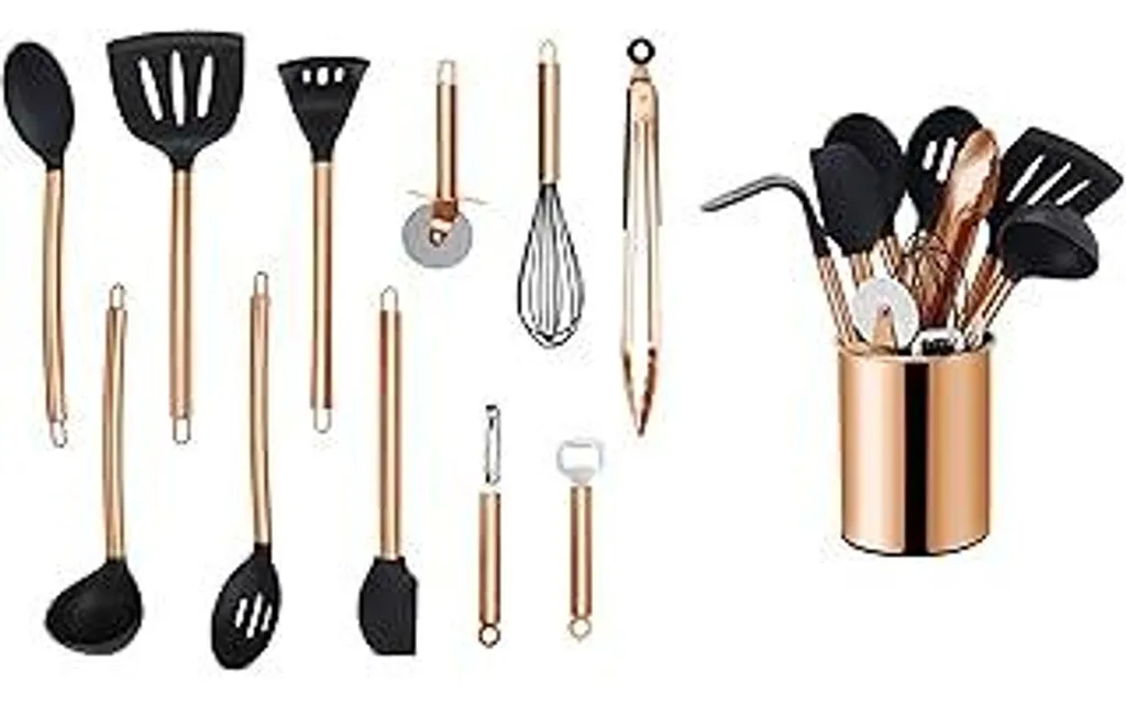 Utensili da cucina ECHTWERK, set di 12 accessori da cucina, accessori da cucina, posate da cucina con manico in acciaio inossidabile, set da cucina con portautensili, accessori da cucina in silicone antiaderente, edizione in rame, EW-KS-1201K