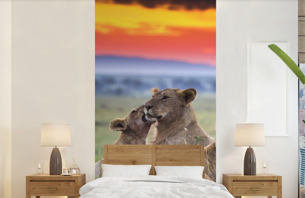 MuchoWow Fototapete für Wohnzimmer oder Schlafzimmer Wandtapete Vinyl Motivtapete Löwen bei Sonnenaufgang - 120x240 cm - Hintergrundbild