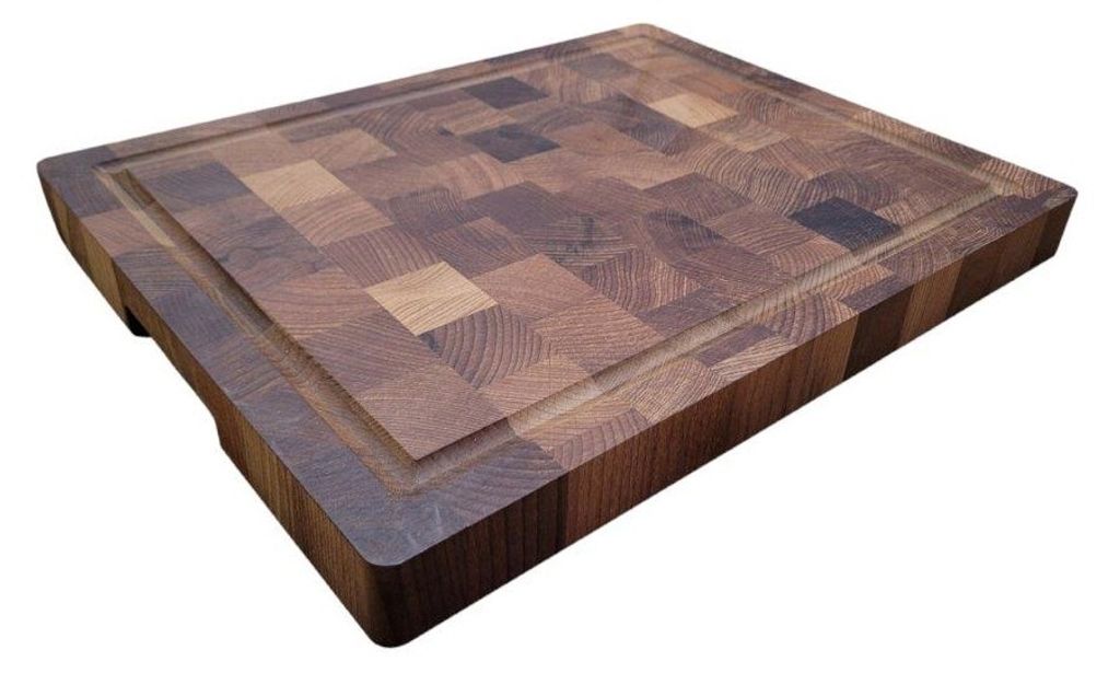A wooden cutting board on a white background.