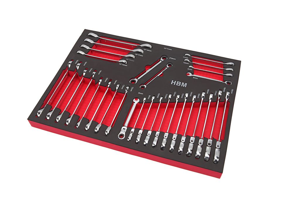 HBM Professional 30-teiliges Ring-/Ratschen-/Steckschlüssel-Set mit Schaumstoffeinlage