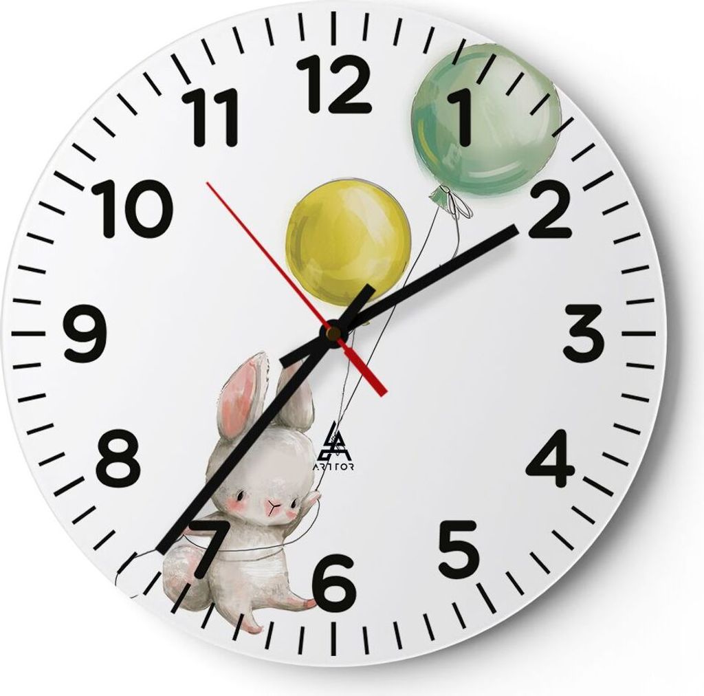 Wanduhr - Rund - Glasuhr - Häschen Luftballons Kinder - 40x40cm - Schleichendes Uhrwerk - Lautlos - zum Aufhängen bereit - Dekoration Modern - Wa...