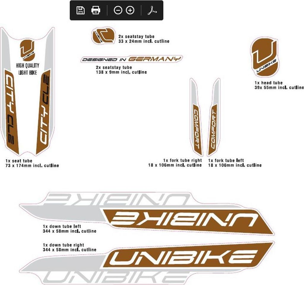 Fahrrad Aufkleber Satz UNIBIKE Nachbildung Rahmen frame Sticker Set 10 teilig kupfer silber