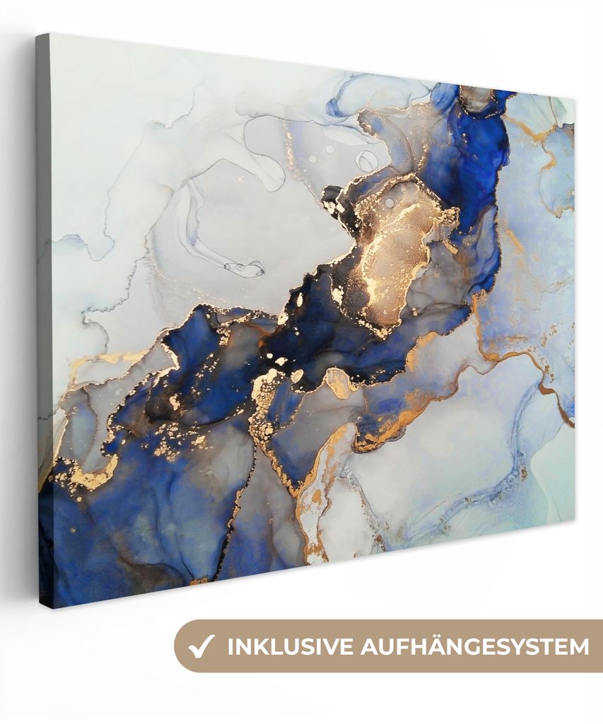MuchoWow - Leinwandbilder - Marmor - Blau - Gold, Wandbild, Wanddeko Bilder Wohnzimmer, 120x90 cm