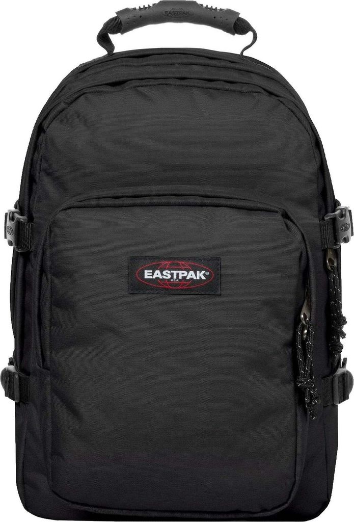 A black Eastpak backpack is shown against a white background.