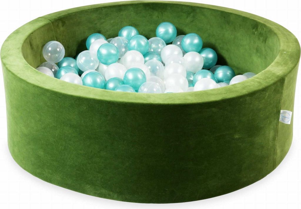 Bällebad 90x30 Samtig weich Olive – Mit 200 Bällen / transparent, perlmutt, metallic türkis