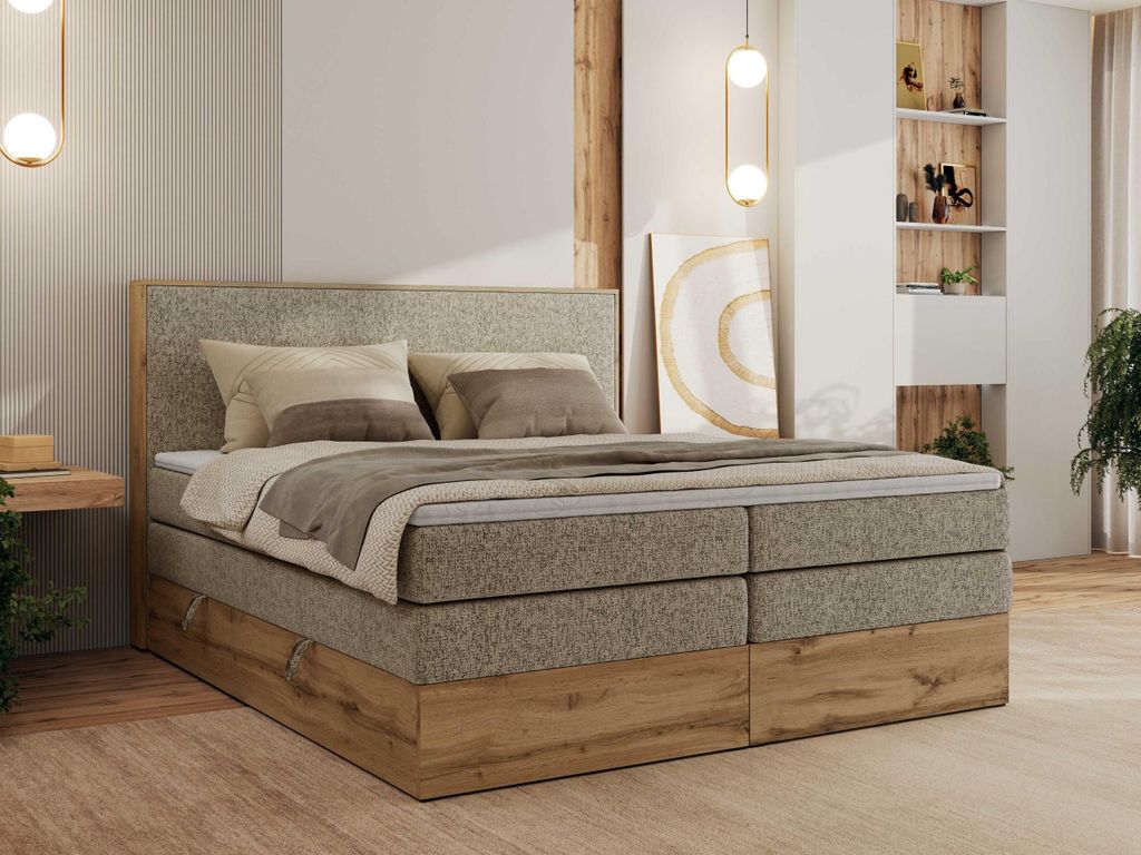 MKS MEBLE Boxspringbett WOOD CLASSIC KING, Doppelbett mit zwei Multipocket-Matratze und Topper Visco, hohe Kopfteil, Stauraum - 140 x 200 cm - H3 -...