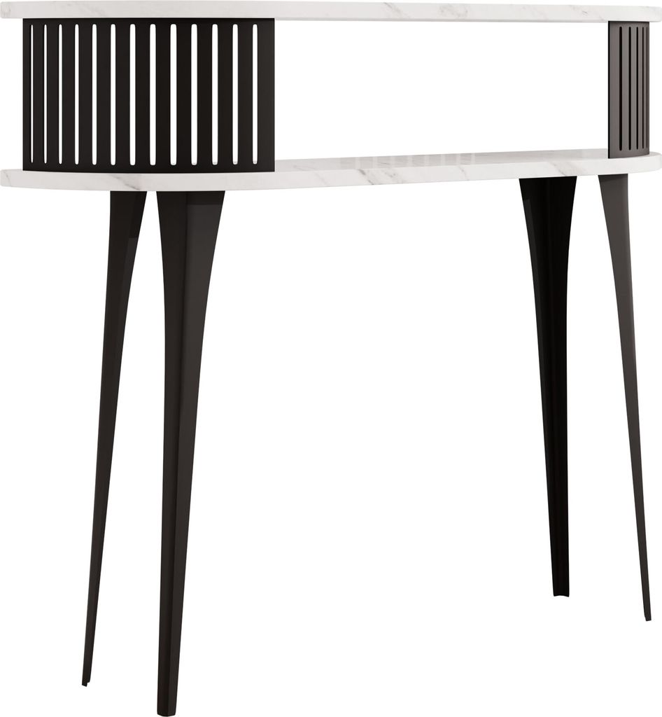MIRJAN24 Konsolentisch Roenni Oval, Elegant Wohnzimmer, Beine und Seiten aus Stahl (Farbe: Schwarz / Bianco Marmor)