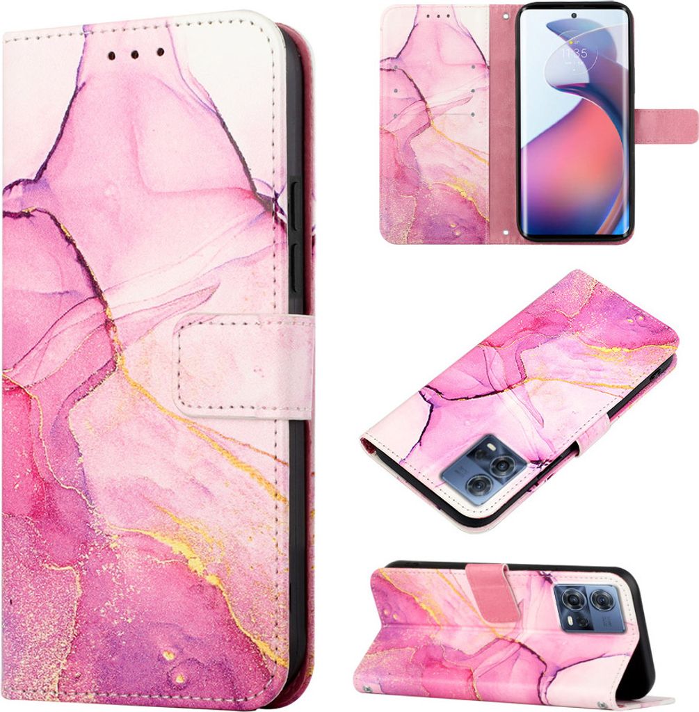 Moto S30 Pro Hülle, Marmor Motiv Kunstleder Tasche Wallet Kartenfächer mit Standfunktion Klapp Schutzhülle für Motorola Moto S30 Pro 5G Rosa