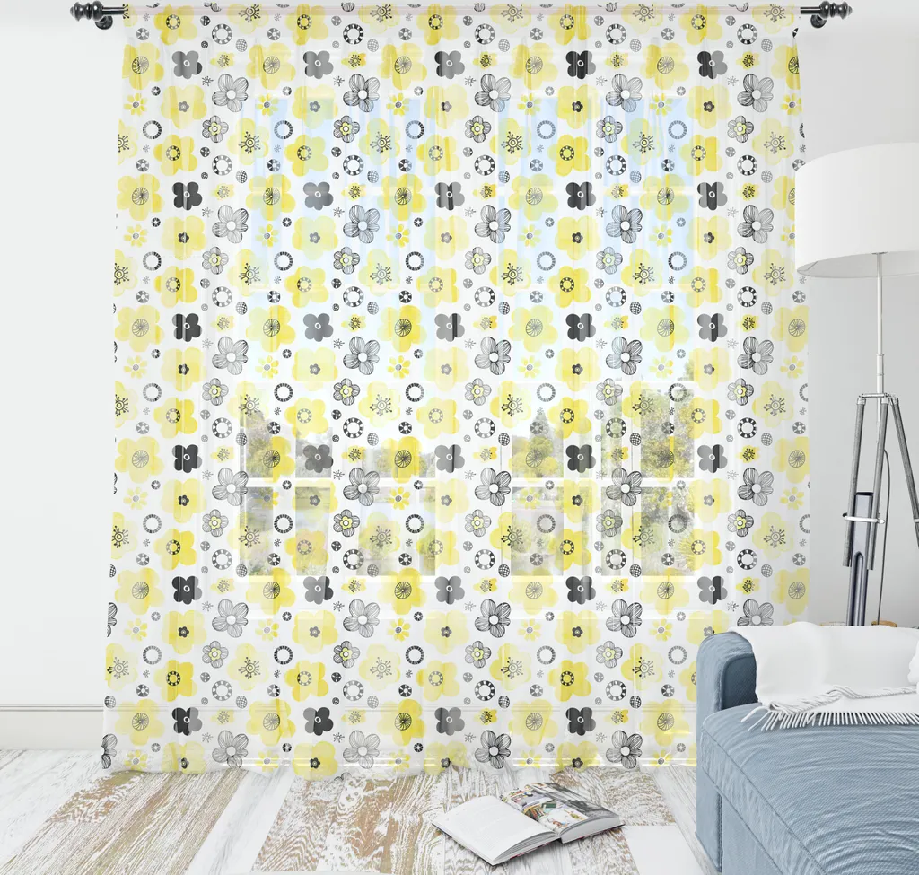 Grande tenture murale fleurs abstraites en tissu satiné jaune indigo