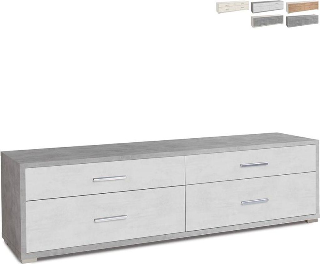 Mobiles TV-Lowboard Sideboard mit 4 Schubladen, modernes Design Mila - Grau - Weiß