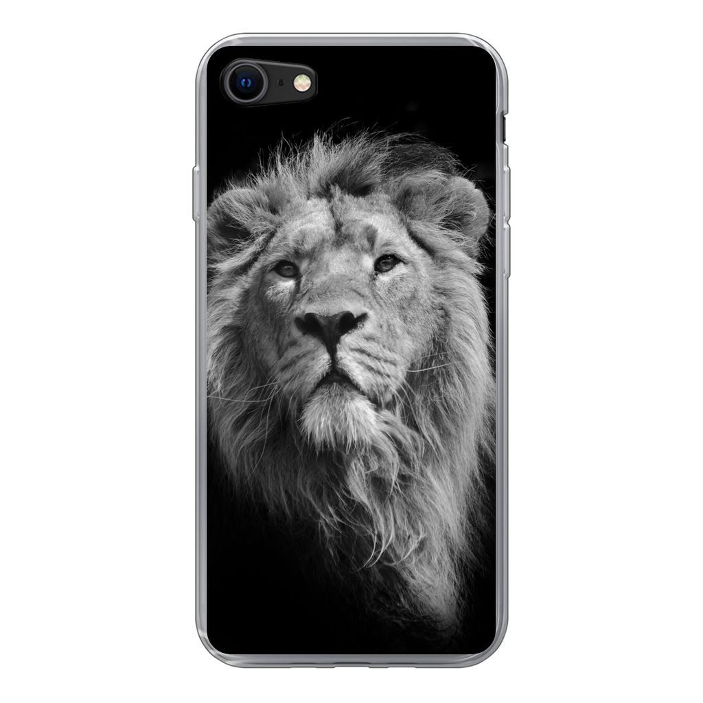 MuchoWow Handyhülle Schutzhülle Hülle für iPhone 8 Asiatischer Löwe vor schwarzem Hintergrund in Schwarz und Weiß Silikon Softcase Handy H...
