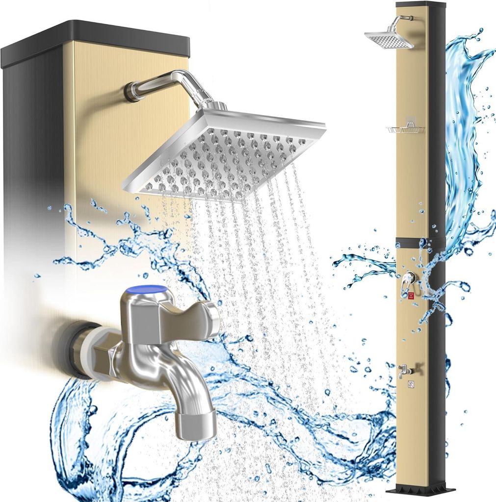 YUENFONG Solardusche 40L, Gartendusche mit Regenduschkopf bis 60°C, Pooldusche Campingdusche Ohne Stromanschluss, Mit Wasserhahn und Gartenschlauc...