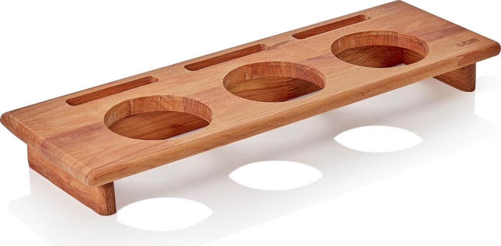 Gestell für 3 Lava Cocotten Ø 10 cm, Holz, 44,5 x 18,5 x 6,5 cm