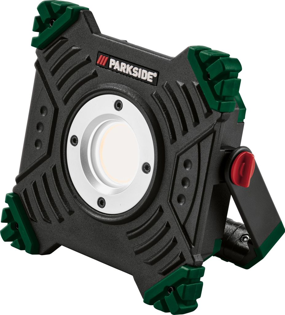 A studio shot of a black and green work light.
