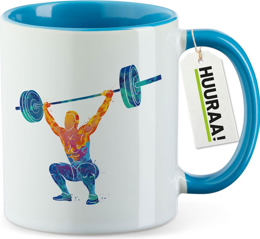 Huuraa Kaffeetasse Gewichtheber Powerlift bunte Silhouette 330ml Blau Keramik Kaffeebecher Geschenkidee