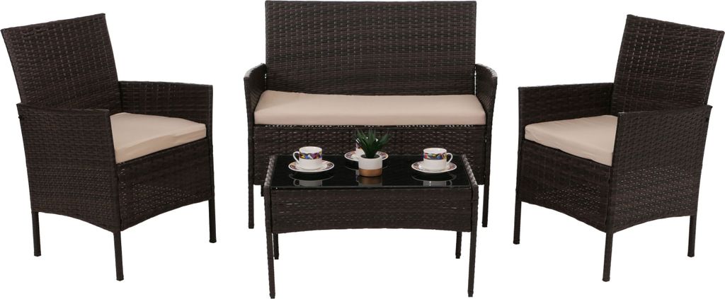 Poly-Rattan Garten-Garnitur HWC-N98, Sitzgruppe Lounge-Set, Metall Glas Stoff/Textil (180g/m²) - braun, Kissen creme