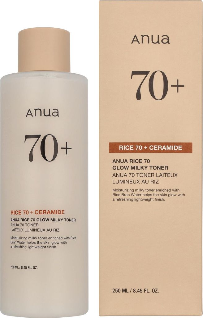 A bottle of Anua Rice 70 + Ceramide Glow Milky Toner and its packaging are shown side-by-side against a white background.
