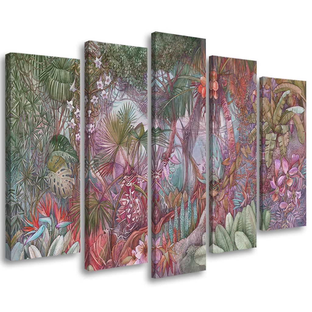 5-teiliges leinwandbild tiefer dschungel 200x100 cm Feeby grün wandbild bereit zum aufhängen