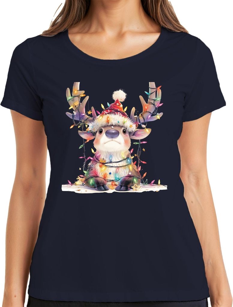 Süßes Rentier Lichterkette Weihnachten Geschenk Kinder Cartoon Damen T-Shirt, Navy, XXL