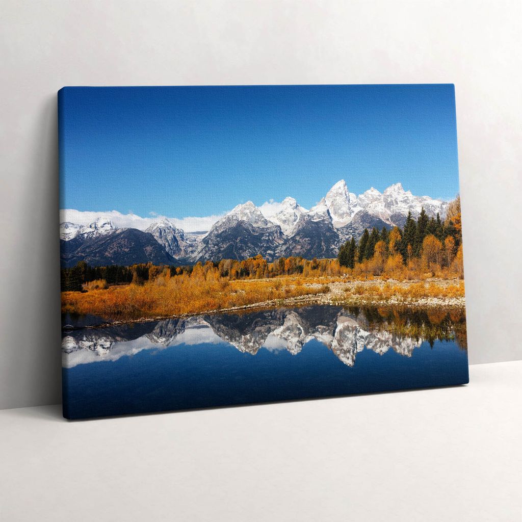 Berge, See und Herbstbäume – Leinwandbild Wandbild – 80x60 cm – Leinwandbilder – Wandbilder – Schlafzimmer – Flur