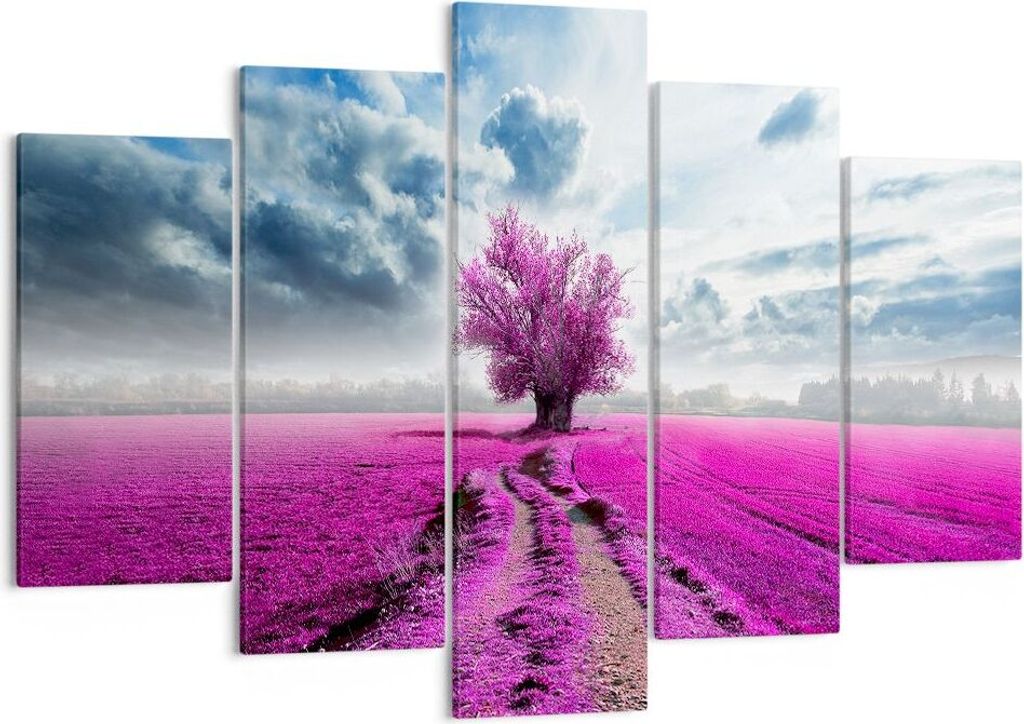 Bild auf Leinwand - Leinwandbild - Heidefeld Baum Wolken Landschaft - 150x100cm - Wand Bild - Wanddeko - Leinwanddruck - Bilder - Kunstdruck - Lein...