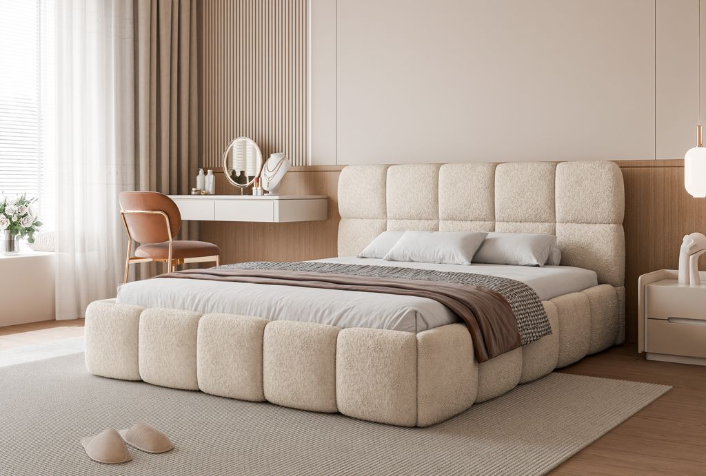 FURMEB24 Polsterbett CRYSTAL + Matratze - 140 x 200 cm - BEIGE Teddystoff