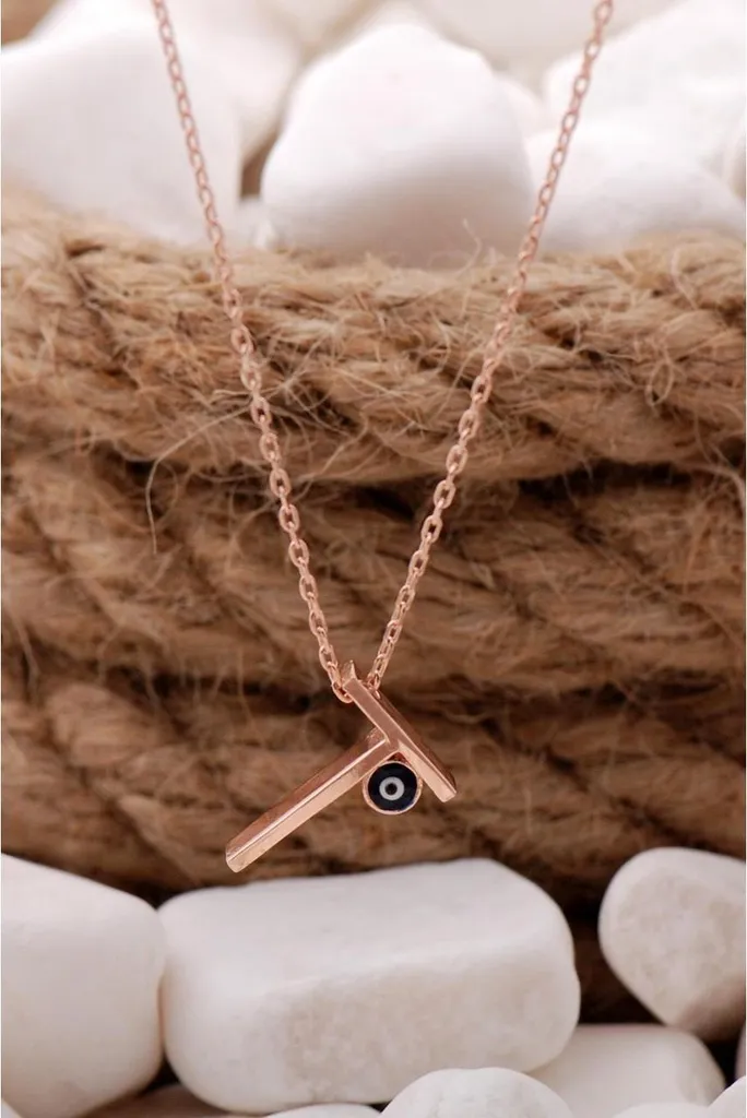 Collier initiale T en argent doré rose et pendentif Nazar porte-bonheur