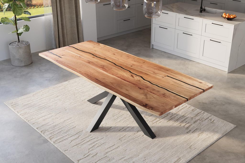 Baumkantentisch 280 x 100 cm Polly, Epoxidharz-Adern in Schwarz, Akazienholz massiv + naturfarben, Esstisch mit Spider-Eisengestell Schwarz, Tischp...