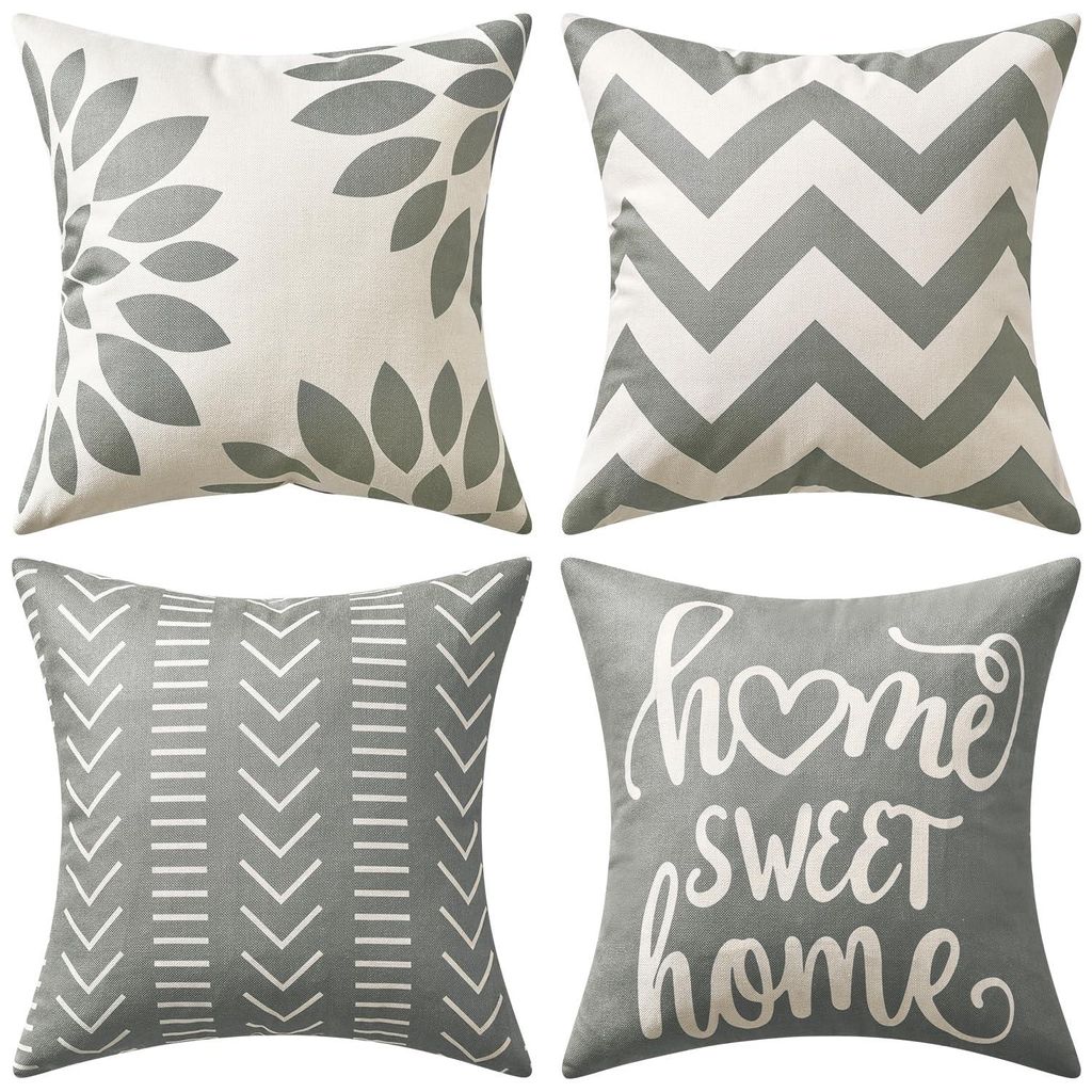 Set mit 4 wasserdichten Outdoor-Kissenbezügen, bedruckte Dekokissen für Balkon, Garten oder Terrasse, graue Streifen, 50 x 50 cm