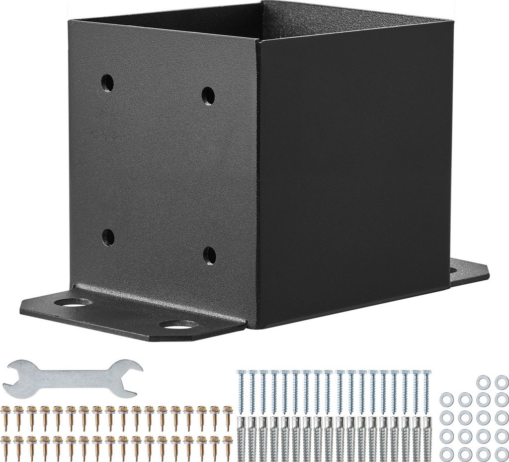 A black metal post bracket and hardware are displayed against a white background.