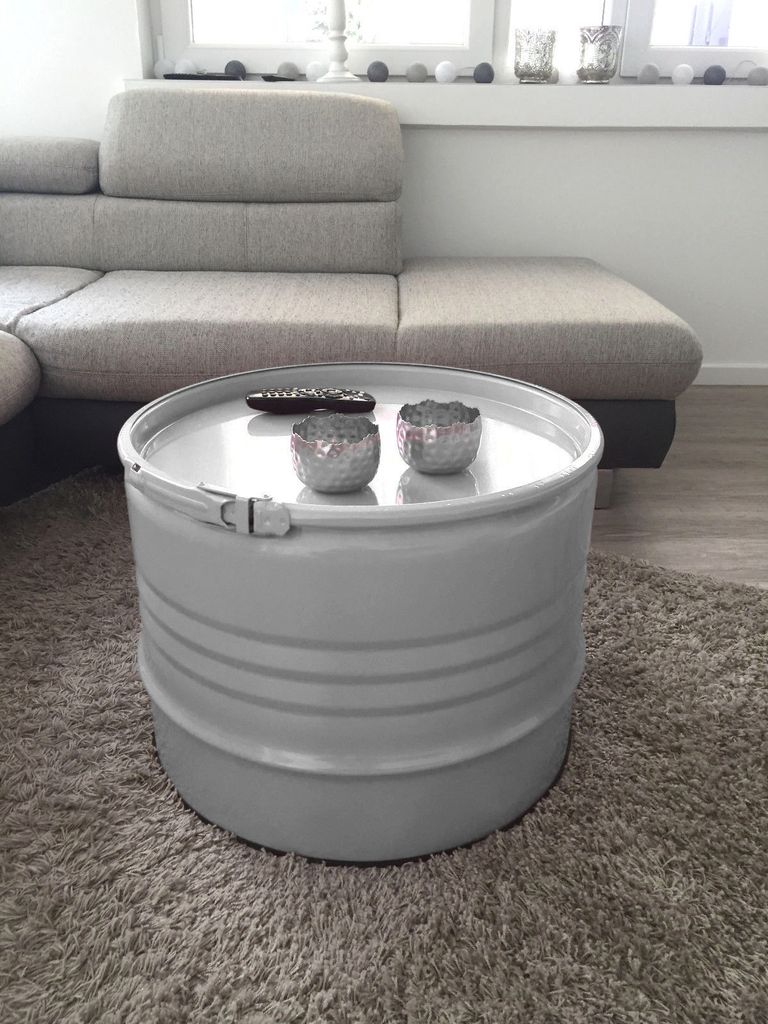 Fassmöbel Beistelltisch Tisch Design Möbel Couchtisch mit Spannring Grau Ø 57cm