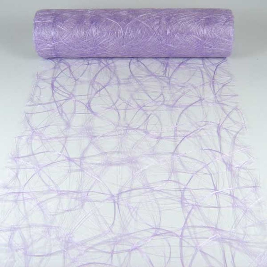 A roll of light purple decorative fabric with a swirling pattern is shown unrolled on a white surface.