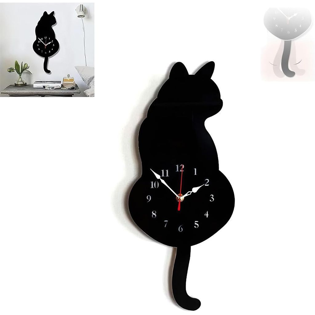 Schwarze Katze Wanduhr mit schwingendem Schwanz, leise Quarzuhr, 53x16 cm